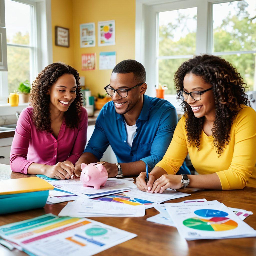 A cheerful family reviewing insurance options together at a bright kitchen table filled with colorful documents and calculators, surrounded by symbols of financial savings like piggy banks and discount tags. The atmosphere is warm and inviting, emphasizing joy and optimism. Bright sunlight streams through a window, creating a sense of hope and positivity. vibrant colors. super-realistic.