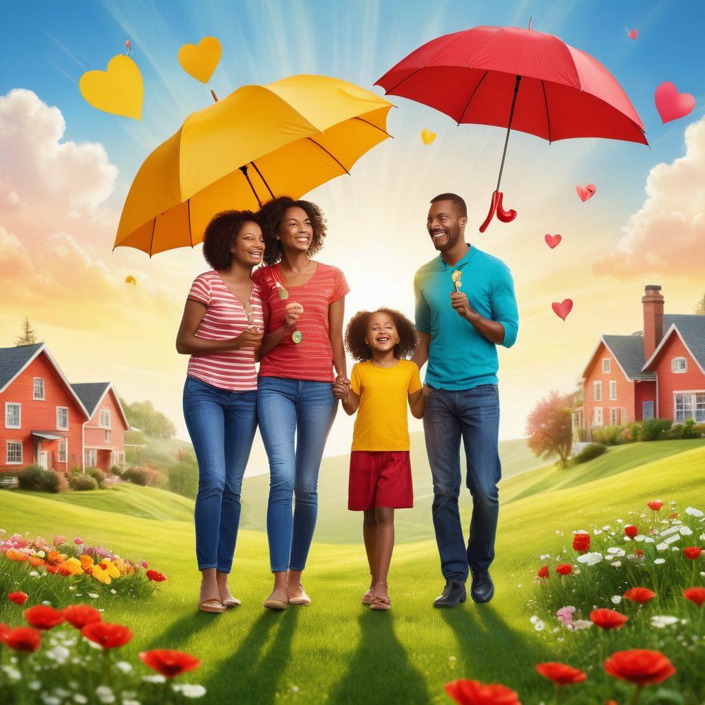 A cheerful, diverse family celebrating under a bright sun, surrounded by creative icons of insurance like umbrellas, hearts, and coins. The background depicts a serene landscape with rolling hills and flowers, symbolizing joy and stability. Include visual representations of happiness and financial security, such as smiles and dollar signs made of light. vibrant colors. bright background.