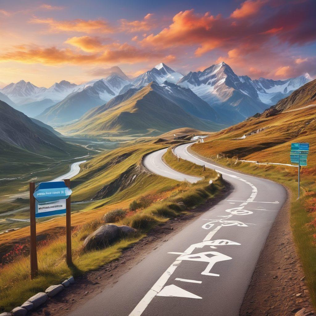 A vast landscape depicting a winding road representing the path of navigating the insurance world, with diverse clients of various demographics happily discussing options. In the foreground, a signpost displaying affordable rate tags, while in the background, mountains symbolizing challenges. The sky is bright and uplifting, suggesting positivity in finding solutions. vibrant colors. super-realistic.